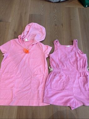 Crewcuts Girl Size 8 Girls Pink Terrycloth Hooded Swim Coverup& Pink Romper Set.